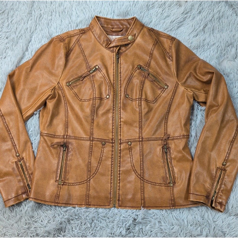 Frida G London Jacket Womens XL Faux Leather Coat Zip Up Pockets Career